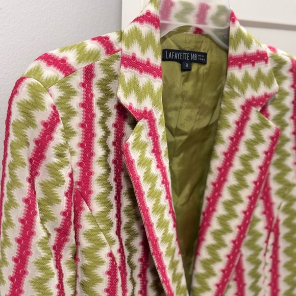 EUC [Lafayette 148] New York Green/Pink Buttoned Blazer Jacket Women’s Size 8 - Picture 7 of 14